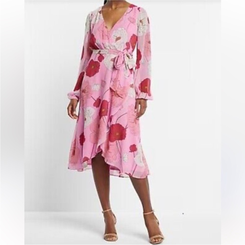 Express v neck floral medium faux wrap Pink Long Sleeve Dress NWT